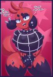 absurd_res animal_crossing big_breasts bottomless breasts canid canine canis cherry_(animal_crossing) clothed clothing collar dialogue domestic_dog female fur hi_res mammal nintendo nipples open_mouth piercing pkfirefawx red_body red_fur thick_thighs video_games 