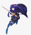  1girl bangs blue_cape blue_dress blue_eyes blue_footwear blue_hair bodysuit boots bow cape commentary_request cosplay dress falchion_(fire_emblem) fingerless_gloves fire_emblem fire_emblem_awakening flower furudo_erika gloves grey_background hair_bow hair_flower hair_ornament hair_ribbon knee_boots leg_up long_hair long_sleeves lucina_(fire_emblem) lucina_(fire_emblem)_(cosplay) open_mouth ribbon ryon_(ryonhei) shadow sidelocks simple_background sleeve_cuffs solo twintails umineko_no_naku_koro_ni 