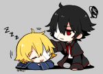  2boys bandage_over_one_eye bandaged_leg bandages black_capelet black_coat black_hair blonde_hair blue_capelet blue_coat capelet chibi coat commentary grey_background hand_on_another&#039;s_head kneeling lying male_focus mizuhoshi_taichi mouth_drool multiple_boys oliver_(vocaloid) on_stomach open_mouth red_eyes revilo sleeping squiggle twitter_username vocaloid waking_up zzz 