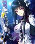  black_hair bone bone_hair_ornament breasts elbow_gloves eyebrows_visible_through_hair fingerless_gloves game_cg gloves highres integral_killer_(phantom_of_the_kill) katana large_breasts leg_up long_hair looking_at_viewer masamune_(phantom_of_the_kill) official_art phantom_of_the_kill puffy_short_sleeves puffy_sleeves red_eyes sheath sheathed short_sleeves shoulder_armor sword weapon 