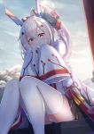  1girl alternate_costume ayanami_(azur_lane) azur_lane bandaid_on_arm black_skirt blonde_hair blush breath cloud cloudy_sky crown dawn eyebrows_visible_through_hair f_(milfaaaaa) hair_between_eyes headgear high_ponytail highres japanese_clothes kimono light_brown_hair long_sleeves looking_at_viewer mini_crown orange_eyes outdoors panties pantyshot pantyshot_(sitting) ponytail red_eyes shrine sitting skirt sky solo stairs sunlight thighhighs torii underwear white_legwear white_panties wide_sleeves zettai_ryouiki 