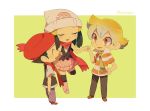  1girl 2boys ^_^ black_legwear black_pants blonde_hair blush boots closed_eyes denim diamond_(pokemon) flat_chest jeans multiple_boys pants pearl_(pokemon) platinum_berlitz pokemon pokemon_special red_headwear shoes signature tokuura white_headwear yellow_background 