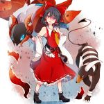  1girl :d ascot bangs bare_shoulders belt black_belt black_footwear black_gloves black_hair boots bow breasts collarbone commentary_request crossover detached_sleeves eyebrows_visible_through_hair frilled_bow frills full_body gen_2_pokemon gen_5_pokemon gloves hair_between_eyes hair_bow hakurei_reimu head_tilt high_heel_boots high_heels highres himari-san_yanaika houndoom long_sleeves looking_at_viewer open_mouth petticoat poke_ball pokemon pokemon_(creature) red_bow red_eyes red_skirt shadow short_hair skirt small_breasts smile standing touhou ultra_ball v-shaped_eyebrows volcarona white_background wide_sleeves yellow_neckwear 