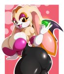  2020 alternate_costume anthro breasts butt chaos_emerald cleavage clothed clothing colored cosplay cream_the_rabbit digital_media_(artwork) eyeshadow female hi_res holding_object lagomorph leporid long_ears looking_at_viewer makeup mammal open_mouth rabbit rouge_the_bat signature simple_background solo sonic_the_hedgehog_(series) suirano thick_thighs 