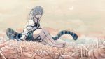  1girl bare_legs barefoot crescent_moon full_body green_eyes highres knees_up long_hair long_sleeves moon original outdoors shorts silver_hair sitting sky snail solo striped striped_shorts striped_tail sweater tail white_sweater yushika 