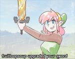  2019 blue_eyes breasts brellom crossgender english_text female hair humanoid humanoid_pointy_ears hylian link melee_weapon nintendo not_furry pink_hair smile solo sword text the_legend_of_zelda video_games weapon 