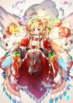  1girl animal animal_ears bandeau bare_shoulders beads bird black_footwear blonde_hair brown_legwear chicken collarbone commentary_request dated detached_sleeves ear_piercing feathers glint glowing granblue_fantasy hair_beads hair_feathers hair_ornament harvin high_ponytail highres holding long_hair long_sleeves mahira_(granblue_fantasy) navel open_mouth pelvic_curtain piercing pilokey ponytail red_bandeau signature solo thighhighs very_long_hair white_feathers white_sleeves wide_sleeves 