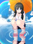  1girl absurdres amano_hina_(tenki_no_ko) bad_reflection black_hair blue_eyes boots error highres long_hair parasol puddle reflection rubber_boots tenki_no_ko teruterubouzu umbrella user_dsce2778 