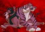  2016 4_toes abstract_background crossover disney duo felid feral flirting fur hi_res lapisu78 lion lying male mammal pantherine scar_(the_lion_king) shere_khan size_difference striped_body striped_fur stripes tail_wraps talespin the_lion_king tiger toeless_(marking) toes watermark whiskers wraps 