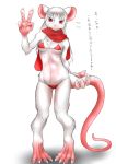  breasts clothed clothing female fur gesture hi_res holding_tail ketsuneko looking_at_viewer mammal multi_nipple murid murine nipple_outline nipples rat red_clothing red_eyes red_scarf rodent scarf text translation_request v_sign white_body white_fur 