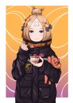  1girl abigail_williams_(fate/grand_order) absurdres bandaid_on_forehead bangs black_bow black_jacket blonde_hair blue_eyes blush border bow closed_mouth crossed_bandaids cup eating fate/grand_order fate_(series) food forehead fruit gradient gradient_background hair_bun heroic_spirit_traveling_outfit high_collar highres holding holding_stuffed_animal ice_cream jacket long_hair long_sleeves looking_at_viewer multiple_bows noro_(akatuki_1110) object_hug orange_background orange_belt orange_bow parted_bangs polka_dot polka_dot_bow sleeves_past_wrists solo spoon strawberry stuffed_animal stuffed_toy sundae teddy_bear white_border 