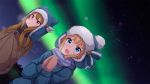  2girls :d ame. animal_ears animal_hat aurora azur_lane bangs beanie blonde_hair blue_eyes blue_headwear blue_jacket blush breath brown_hair brown_mittens commentary_request dutch_angle eyebrows_visible_through_hair fake_animal_ears fringe_trim hands_together hands_up hardy_(azur_lane) hat hunter_(azur_lane) jacket long_hair long_sleeves mittens multiple_girls night night_sky open_mouth outdoors own_hands_together parted_lips red_eyes sky smile star_(sky) starry_sky upper_body 