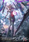  1girl bangs bodysuit breasts cleavage cloud commentary_request covered_navel damaged elbow_gloves eyebrows_visible_through_hair flying full_body gloves hair_between_eyes headgear highres large_breasts long_hair looking_at_viewer machinery mango_cat mecha_musume open_mouth original outdoors parts_exposed purple_eyes silver_hair solo very_long_hair white_bodysuit white_gloves 