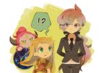  1boy 1girl asymmetrical_hair blonde_hair creature emerald_(pokemon) gen_6_pokemon green_eyes height_difference holding hoopa horns lila_(pokemon) long_hair long_sleeves necktie pokemon pokemon_(creature) pokemon_special ponytail purple_eyes purple_hair short_sleeves tokuura very_long_hair 