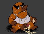  after_masturbation animal_crossing anthro balls bodily_fluids brown_body brown_fur clothing cum cum_on_ground cum_on_hand cum_on_penis eulipotyphlan fur genital_fluids genitals male mammal mole_(animal) mr._resetti nintendo penis saltshovel shirt simple_background sitting slightly_chubby topwear video_games 