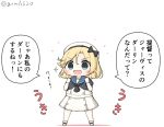  1girl bangs black_neckwear blonde_hair blue_eyes blue_sailor_collar chibi clenched_hand commentary_request dress full_body gloves goma_(yoku_yatta_hou_jane) hat janus_(kantai_collection) kantai_collection looking_at_viewer open_mouth parted_bangs sailor_collar sailor_dress sailor_hat short_hair short_sleeves simple_background solo standing translated twitter_username white_background white_dress white_gloves white_headwear 