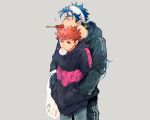  all_male blue_hair brown_eyes cu_chulainn emiya_shirou fate/stay_night fate_(series) food gray headband hoodie long_hair male ponytail red_eyes red_hair short_hair shounen_ai tatsuta_age 