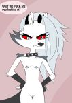  2020 anthro breasts canid canid_demon canine canis demon female fur genitals hellhound helluva_boss hi_res loona_(vivzmind) mammal nipples nude pussy solo text white_body white_fur wolf 