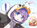  ! 2girls :d animal_hood bangs black_jacket black_shirt blue_choker blue_eyes blue_sky blush brown_hair choker closed_eyes cloud cloudy_sky commentary_request day eyebrows_visible_through_hair fate/grand_order fate_(series) food fruit fujimaru_ritsuka_(female) hood hood_up hooded_jacket jacket jako_(jakoo21) kotatsu long_hair mandarin_orange meltryllis meltryllis_(swimsuit_lancer)_(fate) multiple_girls one_side_up open_mouth outdoors parted_lips penguin_hood purple_hair shirt sky smile snow snowing spoken_exclamation_mark table 