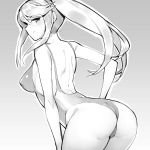  1girl ass ass_focus bangs blonde_hair blush breasts gebyy-terar gradient gradient_background greyscale high_ponytail highleg highleg_swimsuit large_breasts long_hair looking_at_viewer medium_breasts metroid monochrome one-piece_swimsuit ponytail samus_aran seductive_smile simple_background skin_tight smile solo swimsuit 