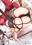  2girls amatsukaze_(kantai_collection) ass bangs black_panties blush bound bound_arms bound_legs commentary_request eyebrows_visible_through_hair faceless garter_straps giraffe_(ilconte) hair_between_eyes hair_tubes hairband highres indoors kantai_collection long_hair long_sleeves multiple_girls nipples no_bra open_mouth orange_eyes panties rope signature silver_hair thighhighs tied_up tokitsukaze_(kantai_collection) twintails two_side_up underwear upside-down window 