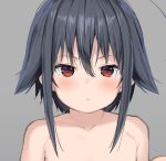  1girl ahoge aruma_(sawayaka_tokuko_miruku) bangs black_hair blush collarbone commentary_request eyebrows_visible_through_hair grey_background hair_between_eyes hair_flaps long_hair looking_at_viewer muu-tan nude original out-of-frame_censoring parted_lips red_eyes sidelocks simple_background solo upper_body 