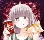  1girl :d ahoge bangs blunt_bangs blush can collarbone dr_pepper eating eyebrows_visible_through_hair fingernails food food_on_face grey_eyes hamburger highres holding holding_can holding_food open_mouth original portrait red-eye_effect ringoanu silver_hair smile 