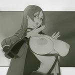  1girl absurdres areolae blush breasts fate_(series) greyscale hair_between_eyes highres large_breasts long_hair monochrome navel nipples oki_asari open_mouth puffy_sleeves solo tongue upper_body 