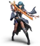  1girl 3d aqua_hair artist_request bangs black_cape black_footwear black_shorts blue_eyes boots breasts brown_legwear byleth_(fire_emblem) byleth_(fire_emblem)_(female) cape closed_mouth dagger fire fire_emblem fire_emblem:_three_houses flaming_sword full_body grey_jacket grey_shirt hand_up happy highres holding holding_sword holding_weapon jacket knee_brace long_hair long_sleeves looking_at_viewer medium_breasts midriff_peek navel official_art pantyhose sheath sheathed shirt short_shorts shorts smile solo standing stomach super_smash_bros. sword sword_of_the_creator transparent_background vambraces weapon 