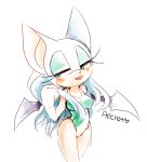  2015 alternate_hairstyle anthro bat_wings blush breasts chiropteran clothing female fur green_clothing green_eyes green_swimwear hair long_hair mammal membrane_(anatomy) membranous_wings one-piece_swimsuit rouge_the_bat simple_background solo sonic_the_hedgehog_(series) spacecolonie swimwear white_background white_body white_fur white_hair wings 