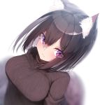  1girl absurdres animal_ear_fluff animal_ears backlighting bangs blurry blurry_background blush breasts brown_hair brown_shirt closed_mouth commentary_request depth_of_field dutch_angle eyebrows_visible_through_hair from_above hair_between_eyes highres looking_at_viewer mayogii medium_breasts original purple_eyes shirt solo striped striped_shirt tail upper_body vertical-striped_shirt vertical_stripes white_background 