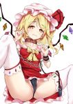  ass black_panties blonde_hair blush cameltoe collar crystal embarrassed fang flandre_scarlet frilled_skirt frills frown hair_between_eyes hands_up hat hat_ribbon kaoshuzi knee_up long_hair looking_at_viewer medium_hair mob_cap panties partially_visible_vulva paw_pose puffy_short_sleeves puffy_sleeves pussy_juice red_eyes red_ribbon red_skirt red_vest restrained ribbon short_sleeves side_ponytail simple_background skirt slit_pupils spread_legs thighhighs thighs touhou underwear upskirt vampire vest wavy_mouth wet wet_clothes wet_panties white_background white_legwear wings 