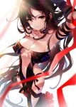  1girl absurdres arm_up armpits arutera banned_artist black_hair blurry breasts breasts_apart brown_eyes center_opening choker closed_mouth consort_yu_(fate) ear_piercing fate/grand_order fate_(series) highres long_hair looking_at_viewer medium_breasts navel piercing revealing_clothes simple_background solo stomach thighs very_long_hair white_background 