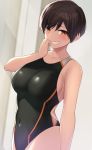  1girl arm_at_side black_swimsuit blush breasts brown_eyes brown_hair cccpo collarbone commentary_request competition_swimsuit covered_navel grin hand_to_own_mouth hand_up highres large_breasts looking_at_viewer one-piece_swimsuit original parted_lips smile standing swimsuit 