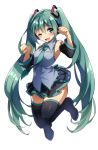  1girl ;d absurdres anime_coloring boots green_eyes green_hair hatsune_miku highres natsuki_iori one_eye_closed open_mouth smile thigh_boots thighhighs twintails vocaloid 