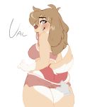  2019 absurd_res anthro assisted_exposure bangs big_breasts blush bottomwear bra breasts brown_body brown_fur brown_hair butt canid canine canis clothing curvy_figure domestic_dog eyebrows faizenek female floppy_ears fur furgonomics gloves_(marking) hair hi_res hourglass_figure long_hair looking_at_viewer looking_back looking_down low-angle_view mammal markings panties pink_eyes pink_nose raised_inner_eyebrows rear_view shorts shorts_pull simple_background small_waist smile solo tail_clothing tan_body tan_fur thick_thighs underwear white_background white_body white_fur wide_hips 