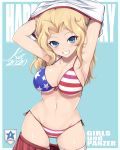  1girl 2020 american_flag_bikini arms_up ass_visible_through_thighs bikini blonde_hair blue_background blue_eyes blush border breasts character_name cleavage collarbone copyright_name cowboy_shot fang flag_print front-tie_bikini front-tie_top girls_und_panzer grin highres kasai_shin kay_(girls_und_panzer) large_breasts lips long_hair looking_at_viewer navel pleated_skirt red_skirt shiny shiny_skin shirt side-tie_bikini skirt skirt_pull smile solo string_bikini swimsuit thighhighs underboob undressing white_border white_legwear white_shirt wide_hips 