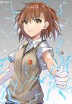  1girl angry bangs breasts brown_eyes brown_hair coin commentary eyebrows_visible_through_hair frown highres lightning looking_at_viewer medium_breasts misaka_mikoto rinse_7 school_uniform short_hair short_sleeves solo to_aru_kagaku_no_railgun to_aru_majutsu_no_index v-shaped_eyebrows 