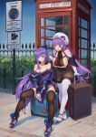 2girls absurdres bb_(fate)_(all) bb_(fate/extra_ccc) boots fate_(series) highres long_hair luggage meltryllis multiple_girls nox13 pantyhose purple_eyes purple_hair roxasnox thigh_boots thighhighs traditional_media watercolor_(medium) 