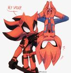  2017 absurd_res anthro blush clothing cosplay costume crossover crossover_cosplay deadpool dialogue duo english_text eulipotyphlan hedgehog hi_res holding_object male mammal marvel shadow_the_hedgehog simple_background sonic_the_hedgehog sonic_the_hedgehog_(series) spacecolonie spider-man_(character) spider-man_(series) text upside_down white_background 