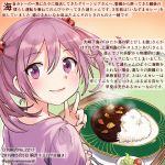  1girl alternate_costume commentary_request curry curry_rice dated eyebrows_visible_through_hair food hair_between_eyes hair_bobbles hair_ornament kantai_collection kirisawa_juuzou numbered pink_eyes pink_hair pink_shirt rice sazanami_(kantai_collection) shirt short_hair short_sleeves smile solo spoon traditional_media translation_request twintails twitter_username v 