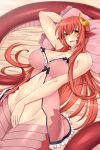  2019 5_fingers accessory bed blush breasts cleavage clothed clothing female fingers furniture hair hair_accessory hairclip hand_behind_head lamia lindaroze_(artist) long_hair looking_at_viewer lying miia_(monster_musume) monster_girl_(genre) monster_musume on_back on_bed open_mouth red_hair reptile scalie serpentine snake solo text url yellow_eyes 