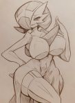  2019 anthro big_breasts breasts curemitsuba female gardevoir hair half-closed_eyes hi_res humanoid mammal monochrome narrowed_eyes nintendo not_furry open_mouth pok&eacute;mon pok&eacute;mon_(species) simple_background sketch smile solo traditional_media_(artwork) video_games 