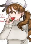  1girl alternate_costume bobokuboboku brown_eyes brown_hair character_name dated food fruit hat headdress kantai_collection littorio_(kantai_collection) long_hair looking_at_viewer panties parted_lips side-tie_panties simple_background smile solo strawberry sweater twitter_username underwear upper_body wavy_hair white_background white_headwear white_sweater 