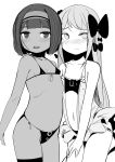  2girls absurdres bangs bare_arms bare_shoulders bikini blunt_bangs blush bow breasts closed_mouth collarbone cowboy_shot dark_skin eyebrows_visible_through_hair greyscale hair_bow hairband highres long_hair looking_at_viewer micro_bikini monochrome multiple_girls navel nose_blush open_mouth original side-tie_bikini single_thighhigh small_breasts swimsuit thighhighs toy_box-r very_long_hair wavy_mouth 
