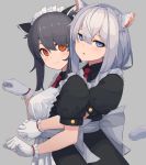  2girls animal_ear_fluff animal_ears apron black_hair blue_eyes cat_ears cat_tail closed_mouth commentary english_commentary gloves highres hug hug_from_behind jitome long_hair looking_at_viewer maid maid_apron maid_headdress multiple_girls orange_eyes original paw_pose puffy_short_sleeves puffy_sleeves revision short_hair_with_long_locks short_sleeves silver_hair simple_background tail upper_body white_gloves wozora 