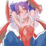  1girl abs ahoge armpits arms_up breasts cleavage cleavage_cutout collarbone covered_navel demon_girl demon_wings hair_between_eyes head_wings lilith_aensland muscle muscular_female purple_hair red_eyes short_hair simple_background solo succubus tongue tongue_out vampire_(game) white_background wings yuuki_(irodo_rhythm) 