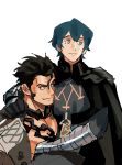  2boys absurdres balthus_(fire_emblem) black_hair blue_hair byleth_(fire_emblem) byleth_(fire_emblem)_(male) cape carrying chain closed_mouth fire_emblem fire_emblem:_three_houses highres kendy_(revolocities) male_focus multiple_boys sideburns simple_background smile white_background yaoi 