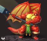  anthro clothing dragon eldiman holding_object loincloth ludren_(character) muscular open_mouth red_body sharp_teeth solo teeth toeless_footwear tongue wings yellow_body 