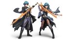  1boy 1girl arm_guards black_footwear black_gloves boots byleth_(fire_emblem) byleth_(fire_emblem)_(female) byleth_(fire_emblem)_(male) dagger dual_persona fire_emblem fire_emblem:_three_houses flaming_sword flaming_weapon gloves green_hair highres knee_brace legwear_under_shorts looking_at_viewer midriff navel official_art open_hand pantyhose patterned_clothing serious sheath sheathed short_hair shorts simple_background standing stomach super_smash_bros. sword sword_of_the_creator weapon white_background 